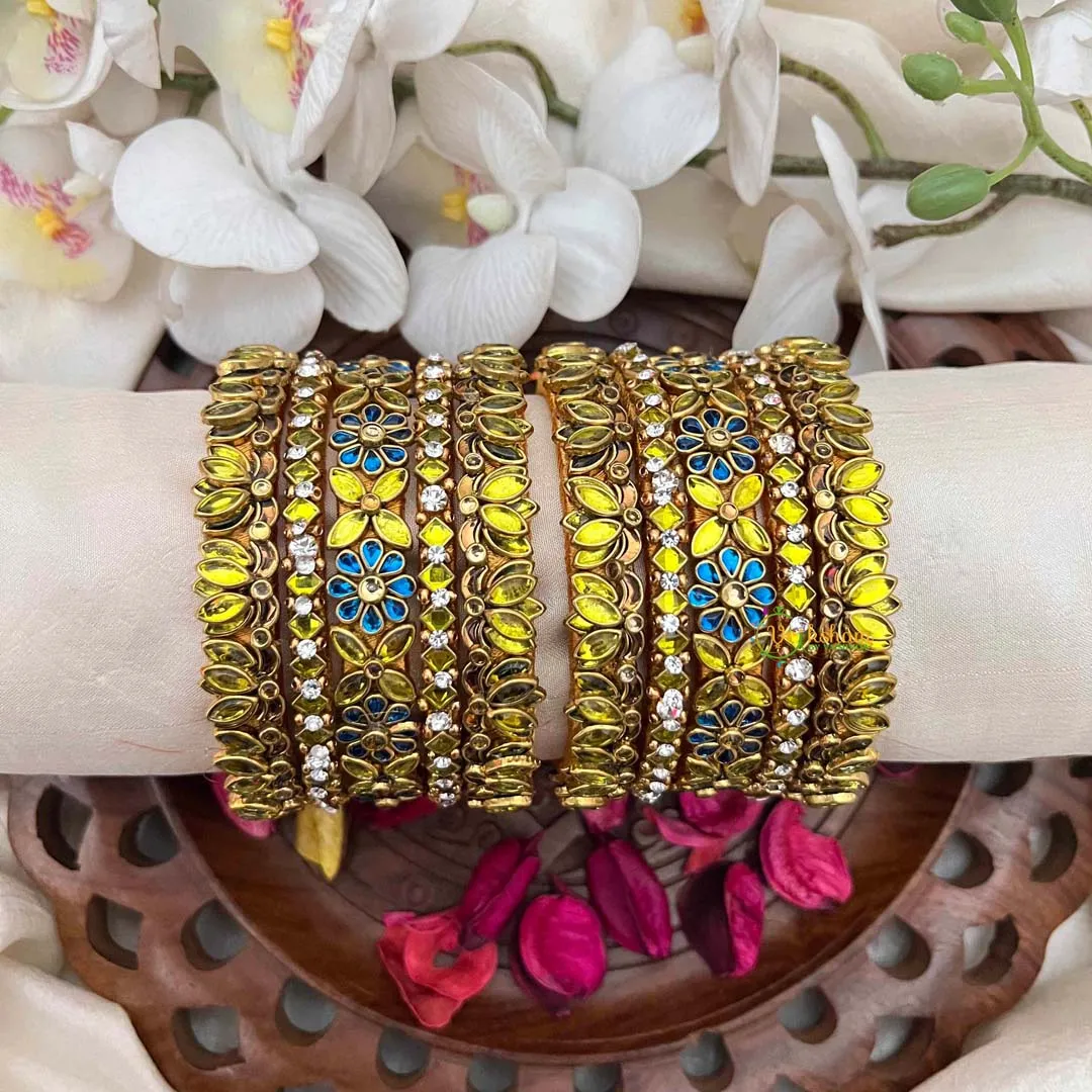 Yellow and Blue Stone Antique Gold-Plated Floral Kada Silk Bangles Set